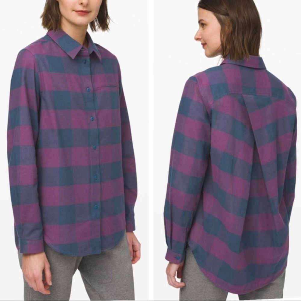 Lululemon Full Day Ahead Purple Plaid Flannel Button Down Shirt Women Size 6